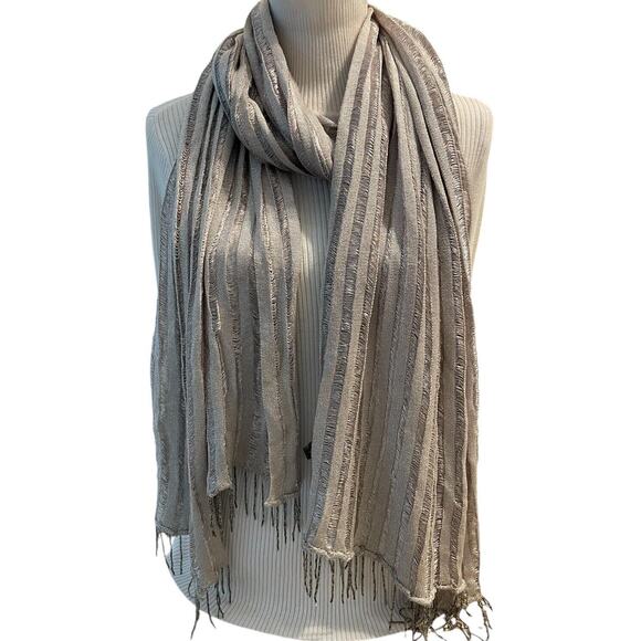 Beaded Metallic Scarf J. Raani Silver Silky Shiny Oversized Fringe Wrap 28x80 - Picture 1 of 8